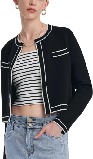 Women's Wool Casual Dressy Striped Cardigan Sweaters Crew Neck Button Up Cropped Blazer with Pockets