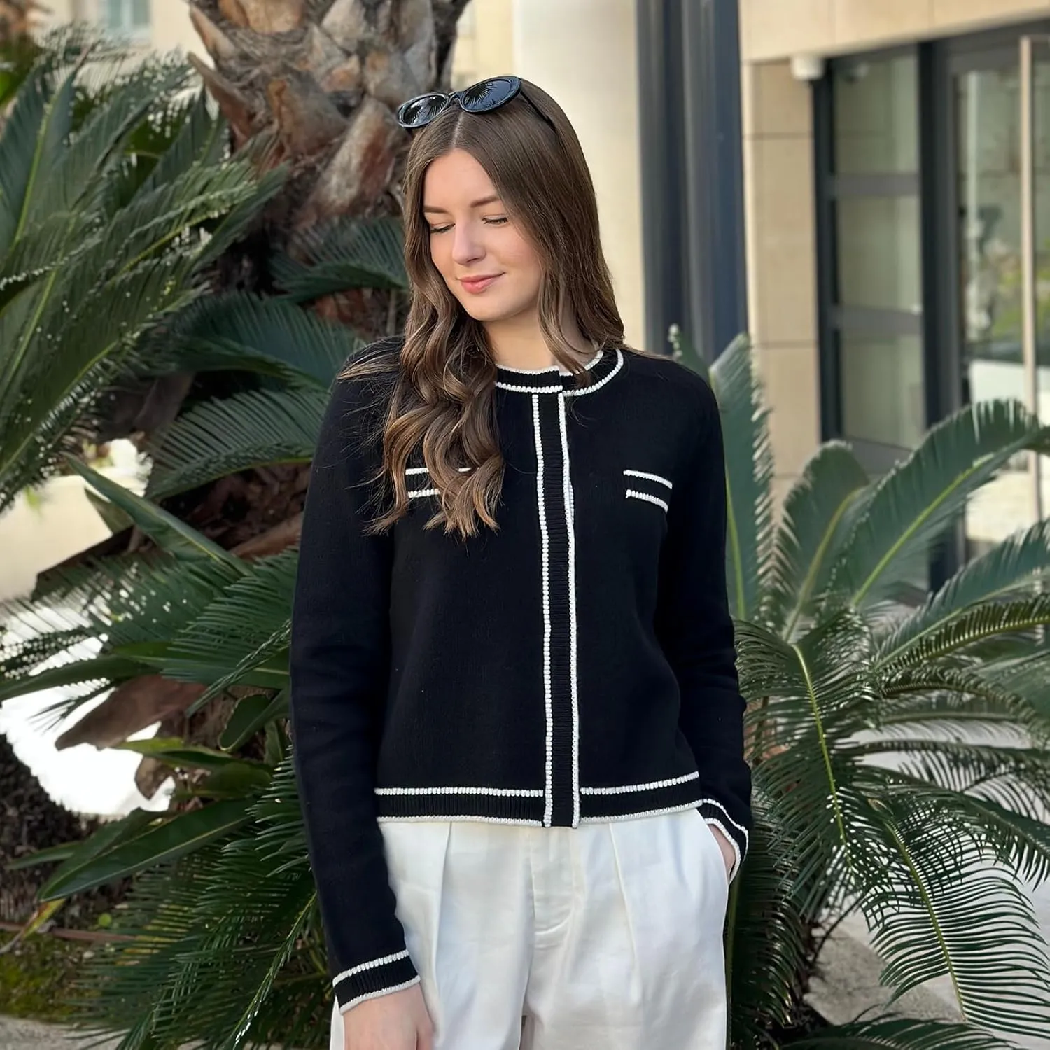 Women's Wool Casual Dressy Striped Cardigan Sweaters Crew Neck Button Up Cropped Blazer with Pockets