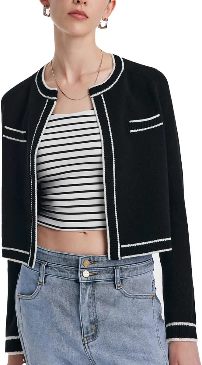 Women's Wool Casual Dressy Striped Cardigan Sweaters Crew Neck Button Up Cropped Blazer with Pockets