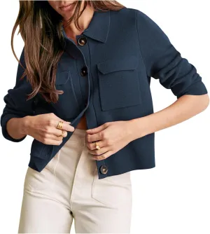 Womens Wool Pea Coat Button Up Open Front Trench Outerwear Long Sleeve Cropped Cardigan Jacket with Pockets