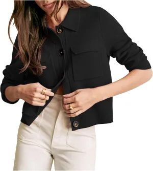 Womens Wool Pea Coat Button Up Open Front Trench Outerwear Long Sleeve Cropped Cardigan Jacket with Pockets