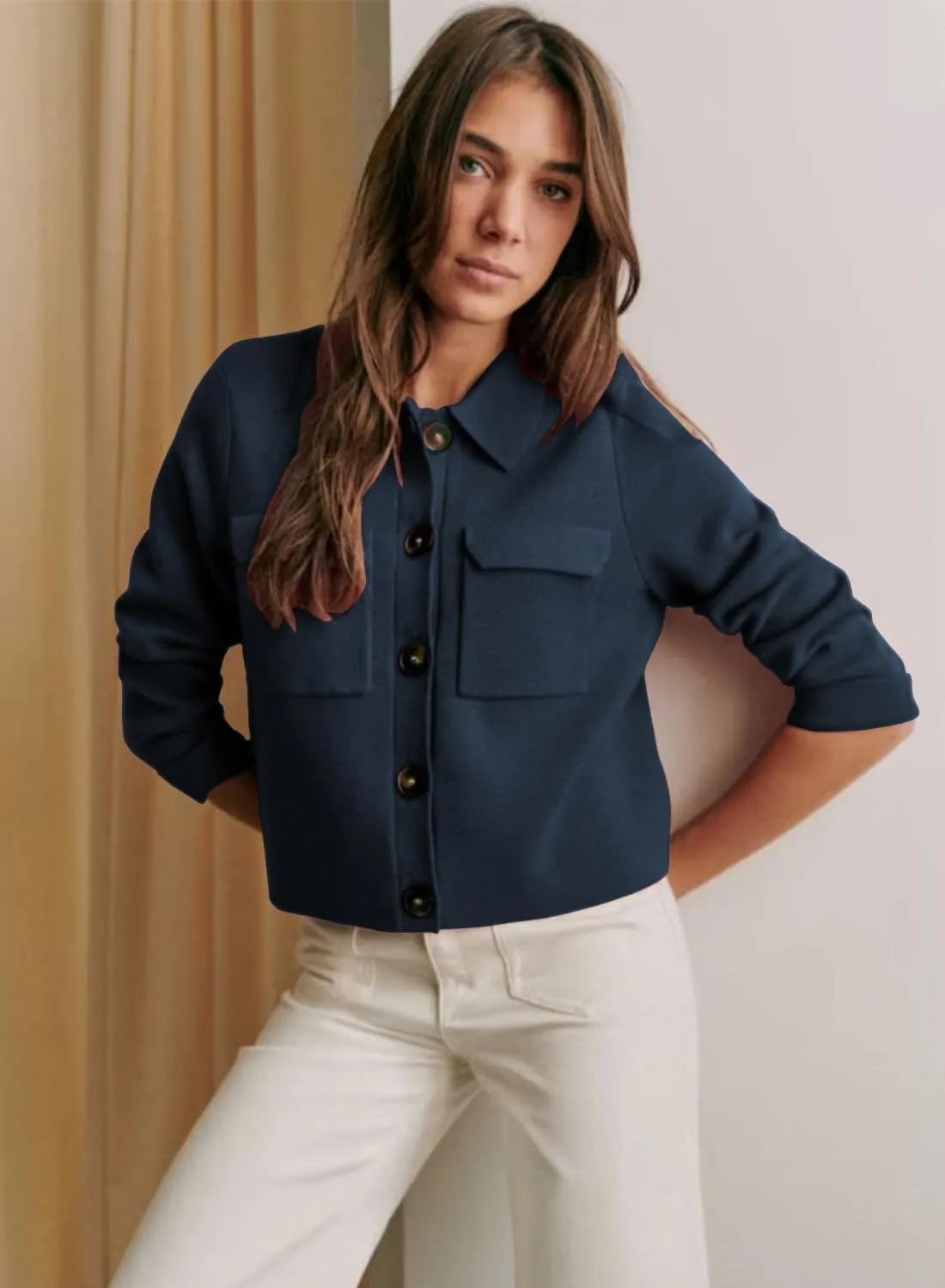 Womens Wool Pea Coat Button Up Open Front Trench Outerwear Long Sleeve Cropped Cardigan Jacket with Pockets
