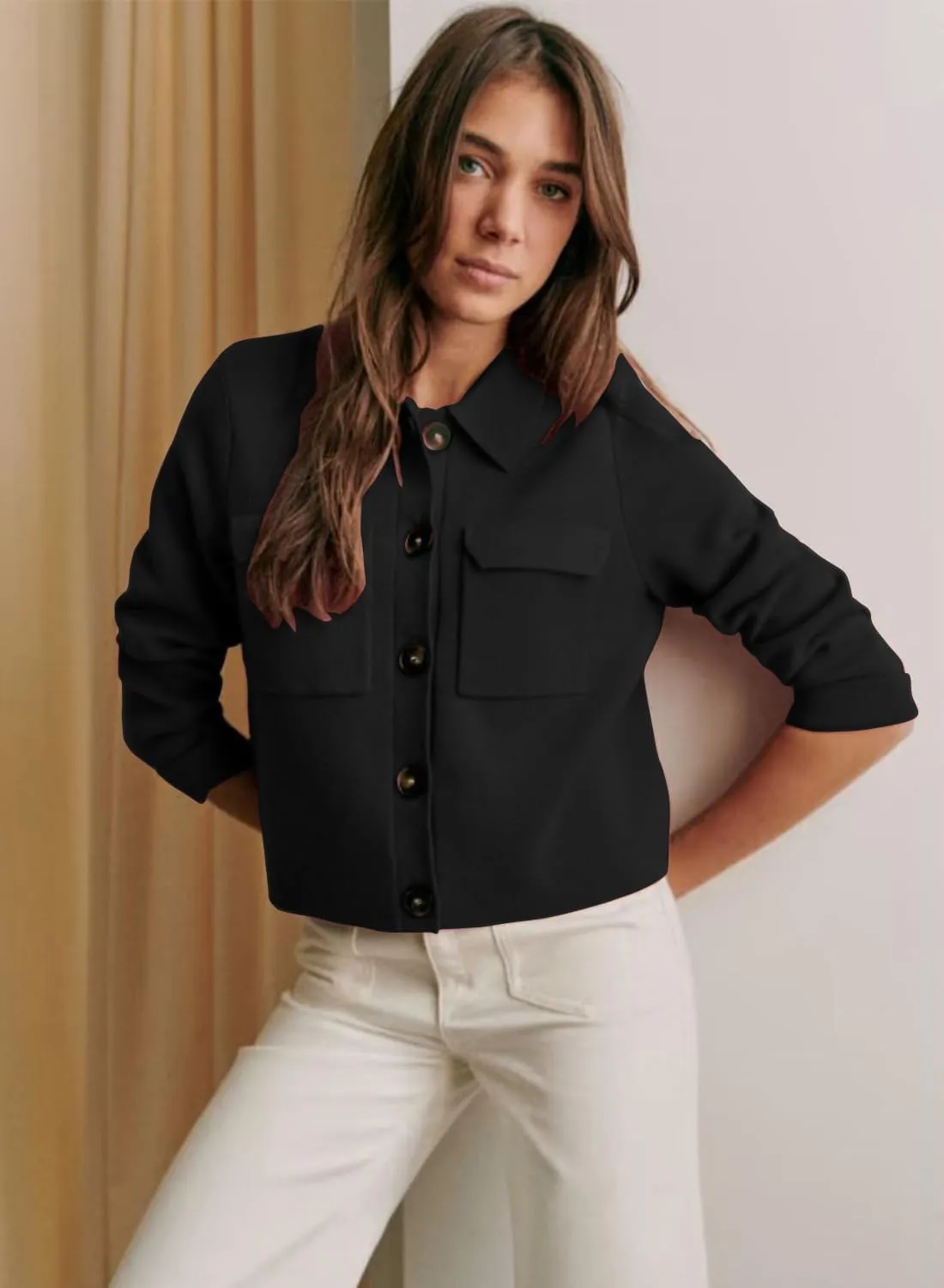 Womens Wool Pea Coat Button Up Open Front Trench Outerwear Long Sleeve Cropped Cardigan Jacket with Pockets