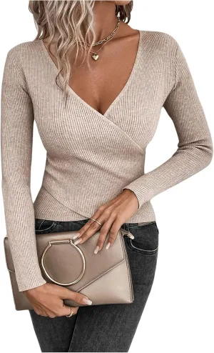 Women's Wrap Sweater Long Sleeve Deep V Neck Pullover Sweaters Tops