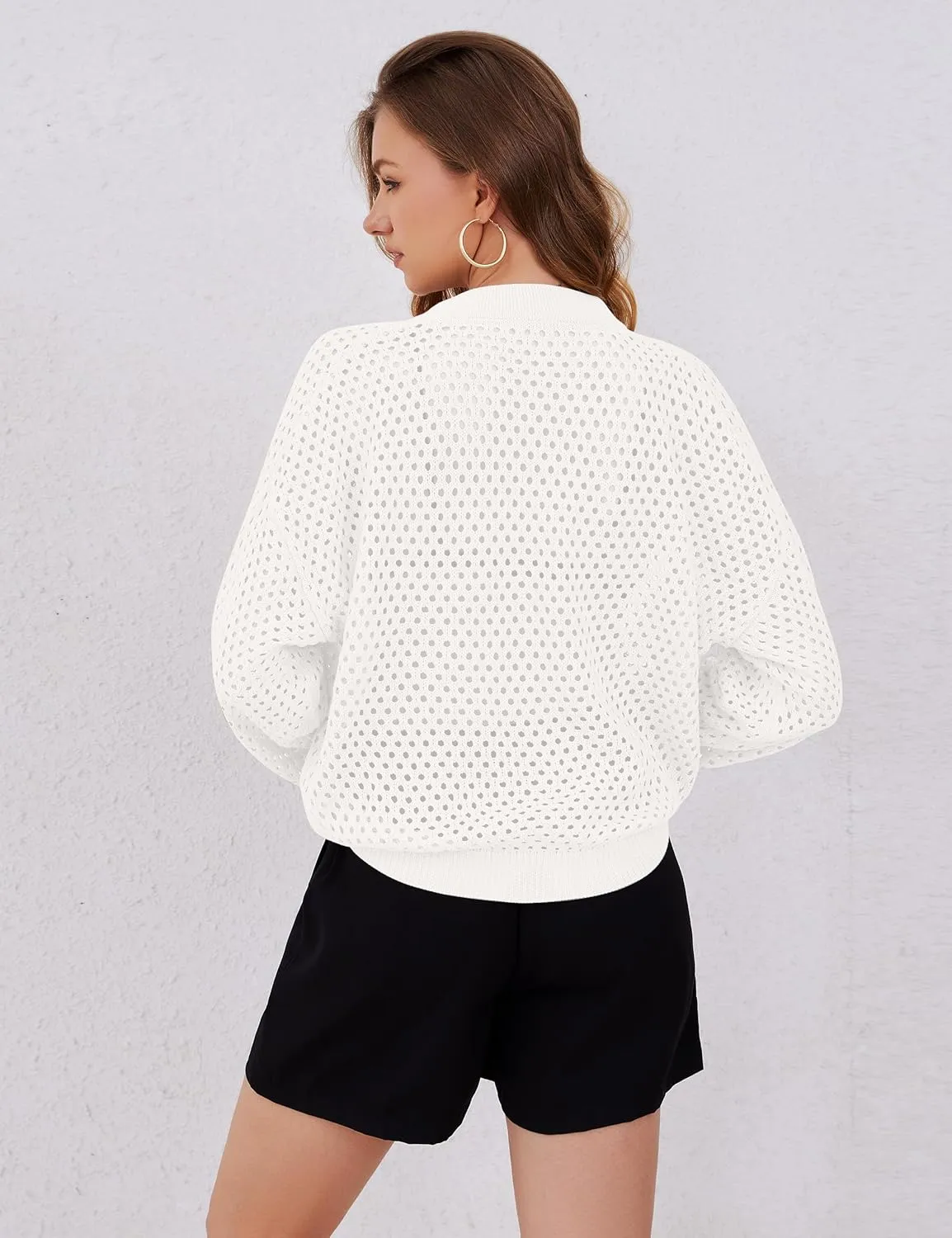 Womens Zip Up Crochet Cardigan Sweater Oversized Long Sleeve Hollow Out Knit Bomber Jacket Fishnet Sweaters