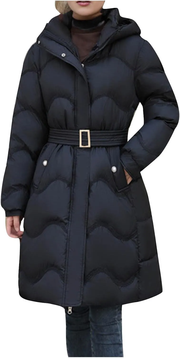 Women's Zip Up Long Quilted Coat Long Sleeve Button Cotton Jacket Solid Color Padded Coats Thick Warm Winter Outerwear