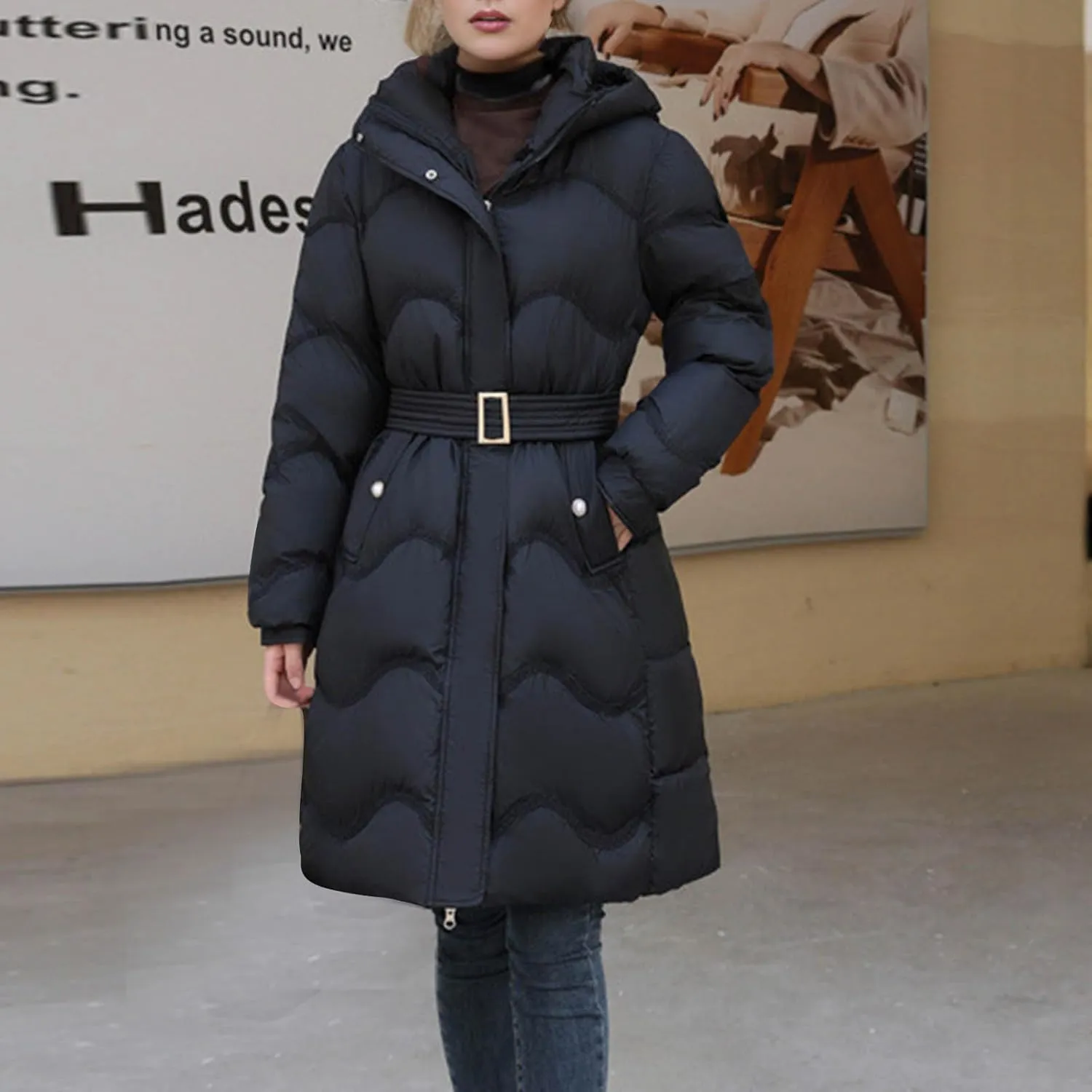 Women's Zip Up Long Quilted Coat Long Sleeve Button Cotton Jacket Solid Color Padded Coats Thick Warm Winter Outerwear