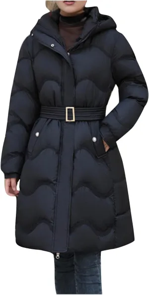 Women's Zip Up Long Quilted Coat Long Sleeve Button Cotton Jacket Solid Color Padded Coats Thick Warm Winter Outerwear