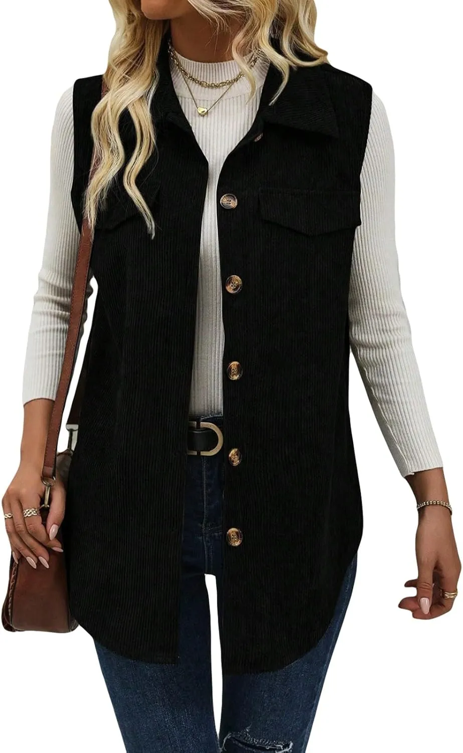 Wowcarbazole Womens Solid Vest Button Down Sleeveless Lapel Neck Long Vest Tops Outerwear Casual Corduroy Waistcoat Shirts