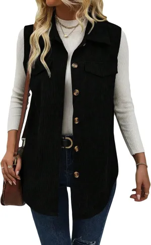 Wowcarbazole Womens Solid Vest Button Down Sleeveless Lapel Neck Long Vest Tops Outerwear Casual Corduroy Waistcoat Shirts