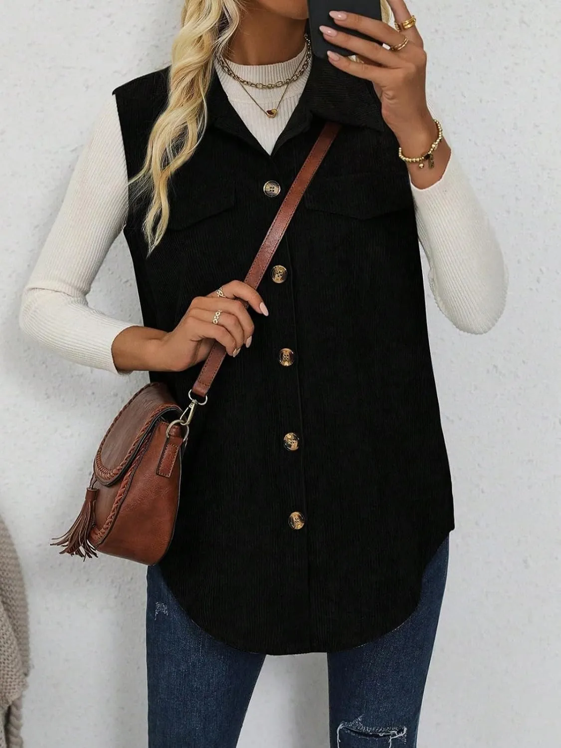 Wowcarbazole Womens Solid Vest Button Down Sleeveless Lapel Neck Long Vest Tops Outerwear Casual Corduroy Waistcoat Shirts