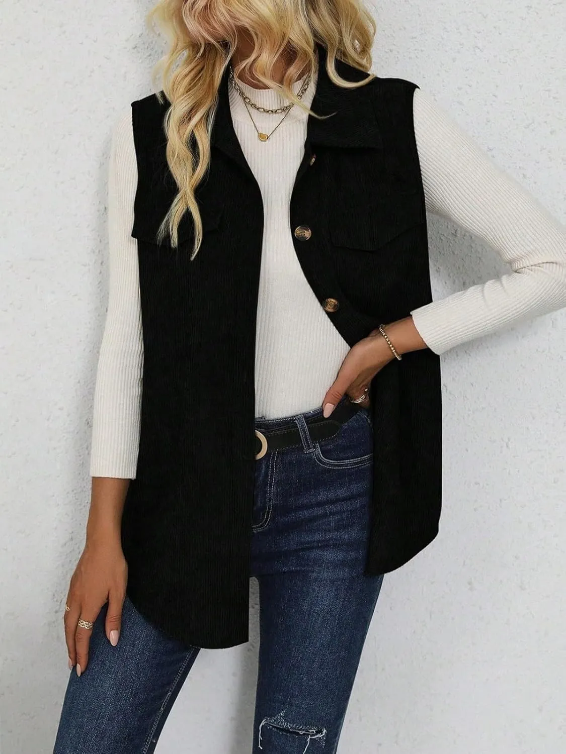 Wowcarbazole Womens Solid Vest Button Down Sleeveless Lapel Neck Long Vest Tops Outerwear Casual Corduroy Waistcoat Shirts