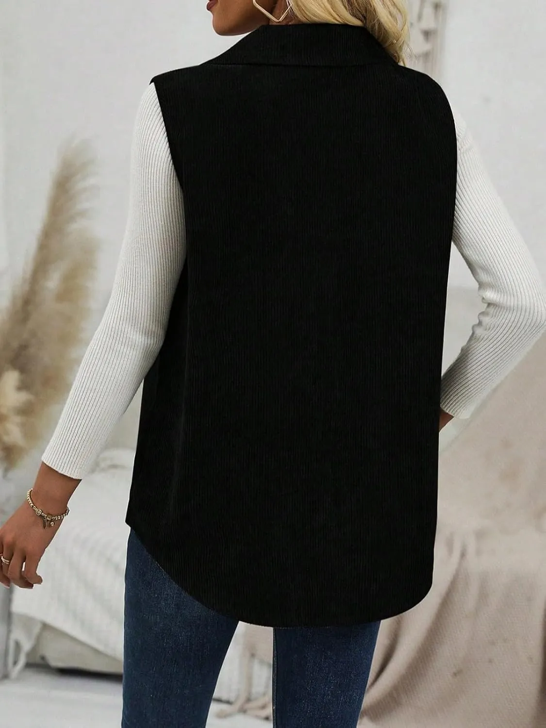 Wowcarbazole Womens Solid Vest Button Down Sleeveless Lapel Neck Long Vest Tops Outerwear Casual Corduroy Waistcoat Shirts
