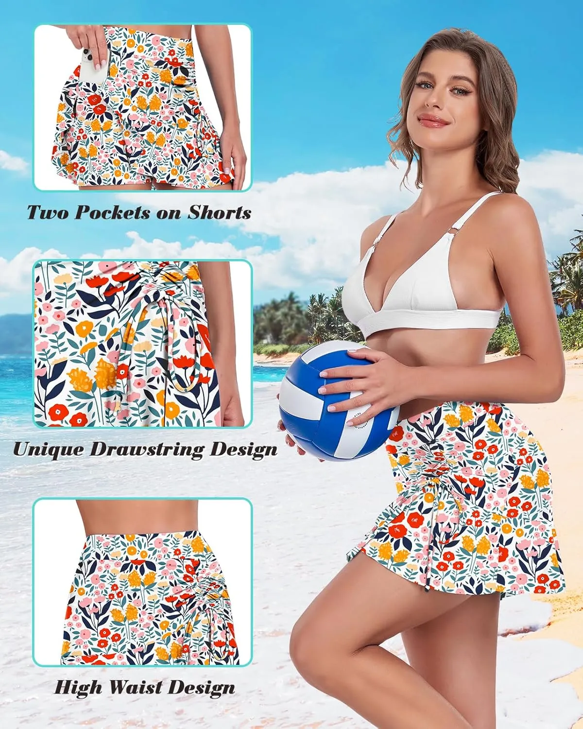 WOWENY Womens High Waisted Swim Skirts with Built-in Shorts Ruffle Adjustable Drawstring Bathing Suit Botttom Swim Skort