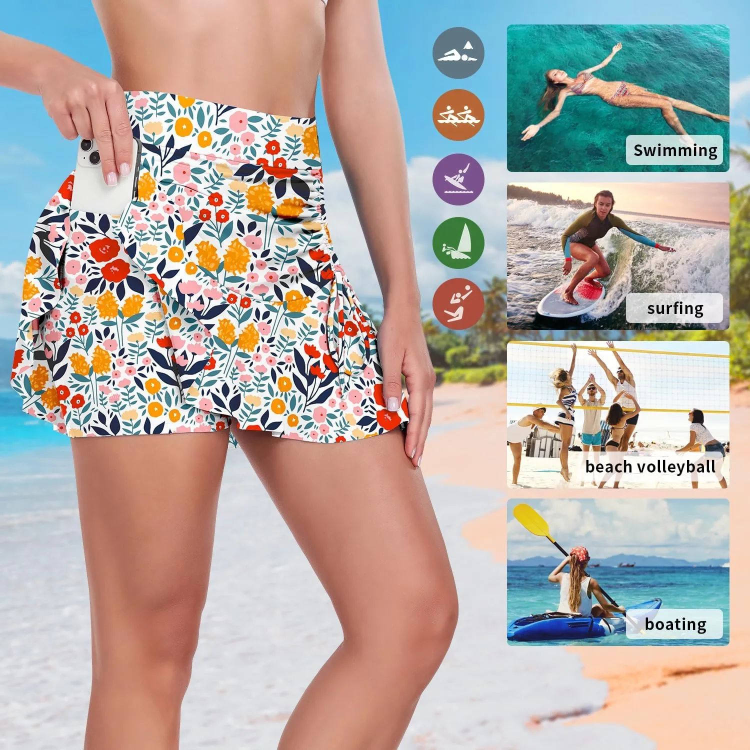 WOWENY Womens High Waisted Swim Skirts with Built-in Shorts Ruffle Adjustable Drawstring Bathing Suit Botttom Swim Skort