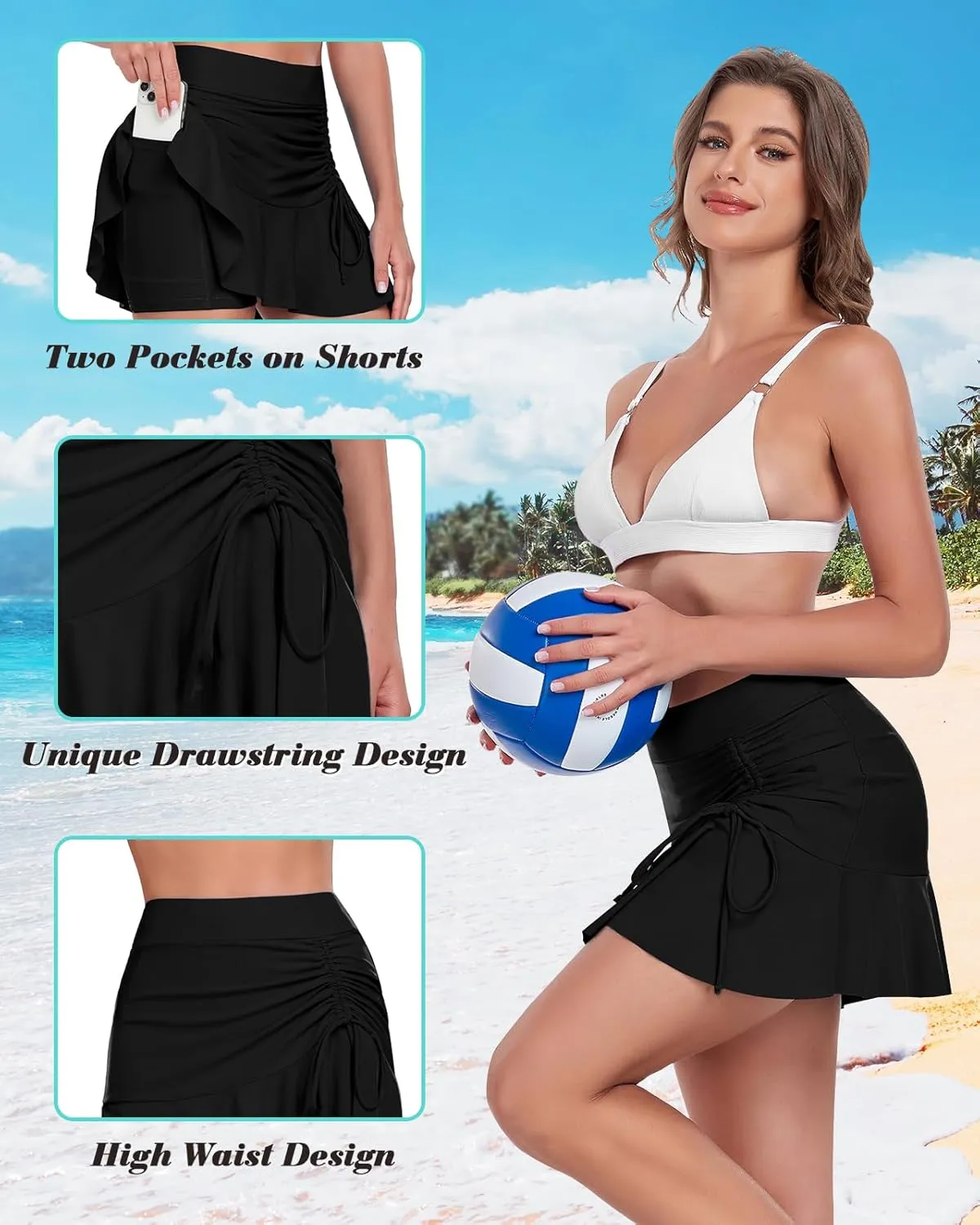 WOWENY Womens High Waisted Swim Skirts with Built-in Shorts Ruffle Adjustable Drawstring Bathing Suit Botttom Swim Skort