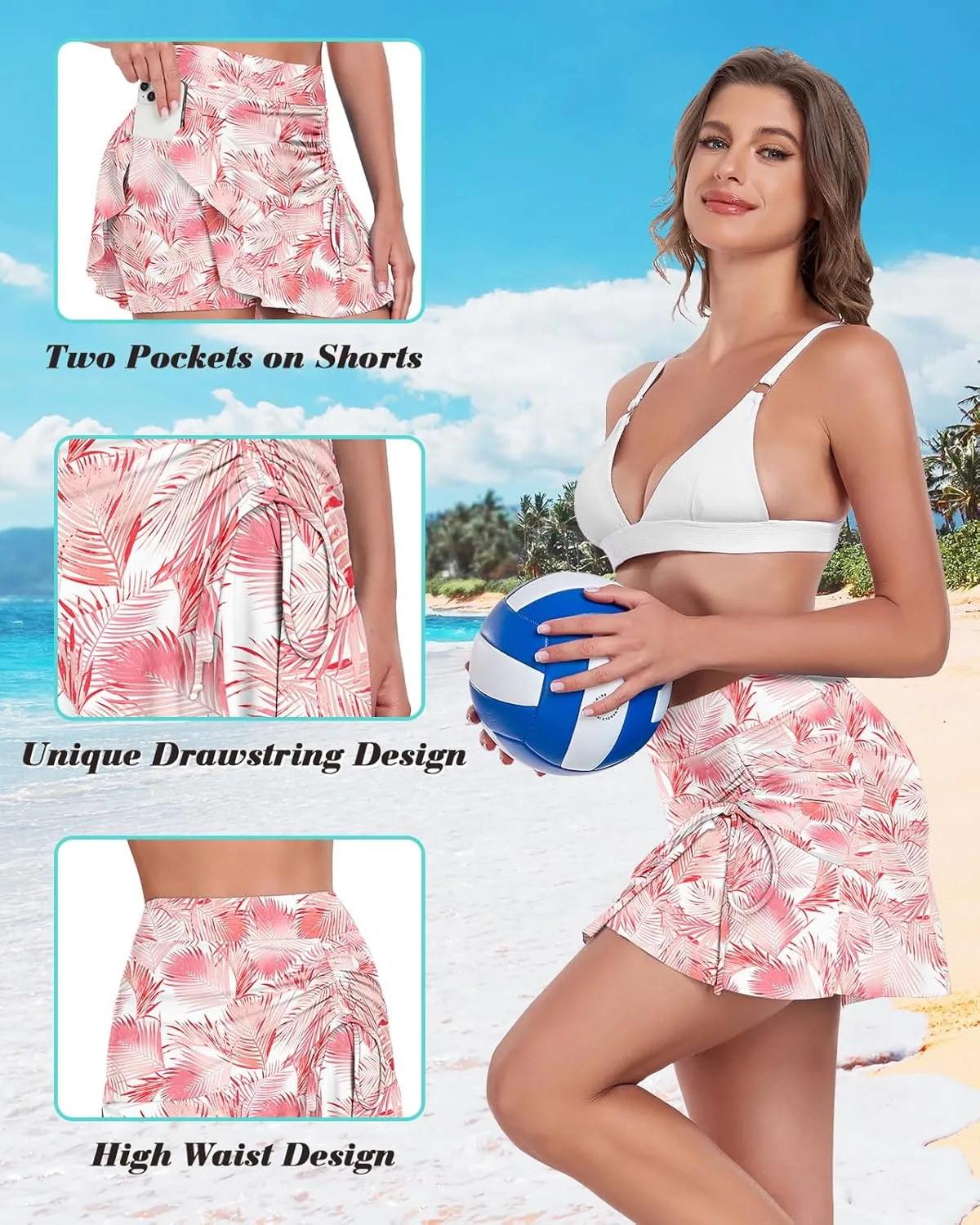 WOWENY Womens High Waisted Swim Skirts with Built-in Shorts Ruffle Adjustable Drawstring Bathing Suit Botttom Swim Skort