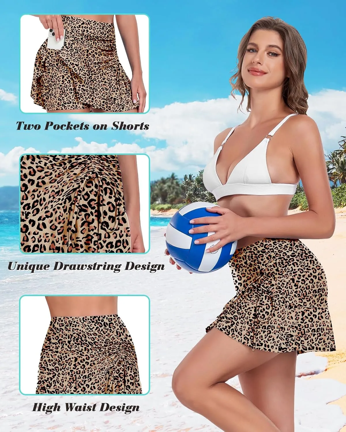 WOWENY Womens High Waisted Swim Skirts with Built-in Shorts Ruffle Adjustable Drawstring Bathing Suit Botttom Swim Skort