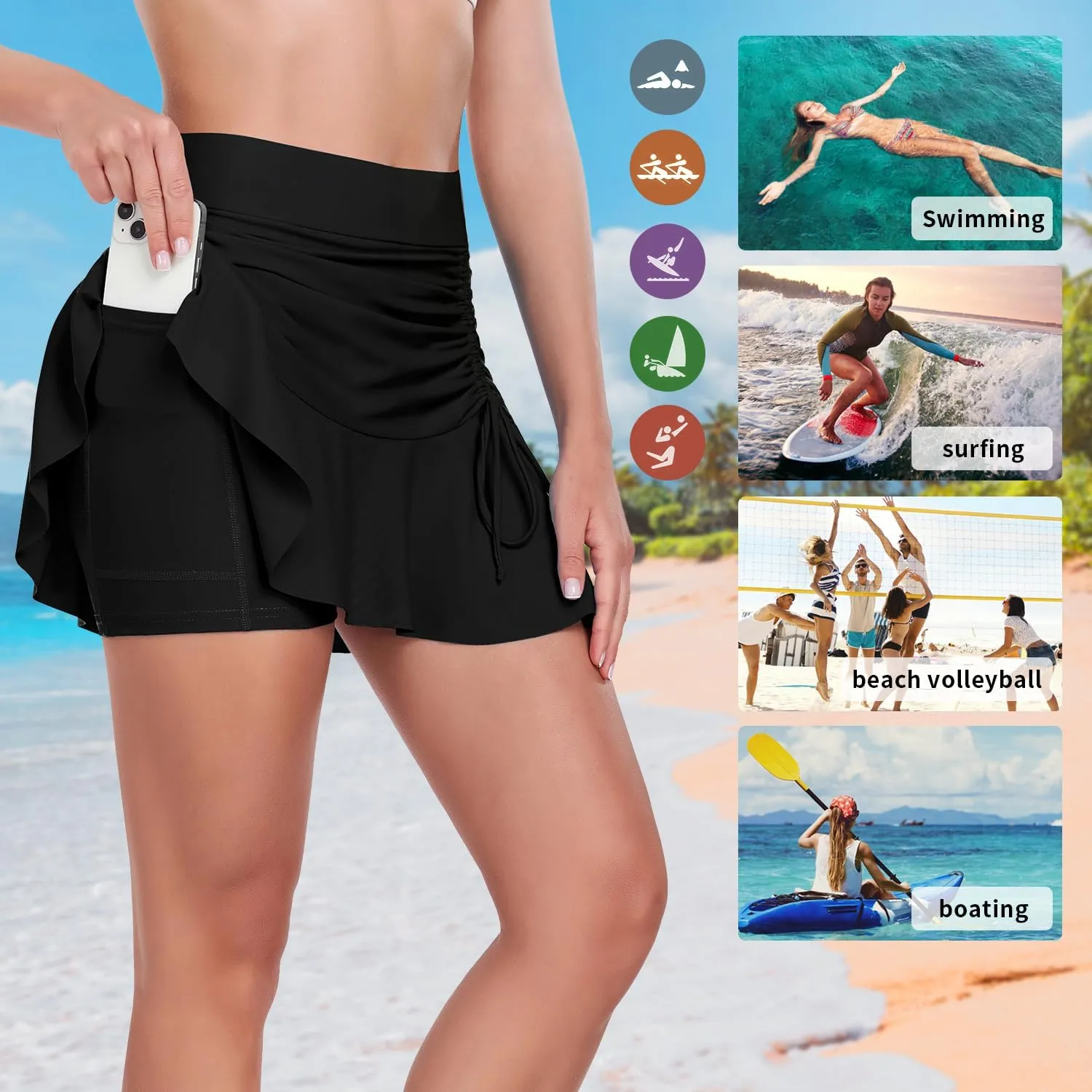 WOWENY Womens High Waisted Swim Skirts with Built-in Shorts Ruffle Adjustable Drawstring Bathing Suit Botttom Swim Skort