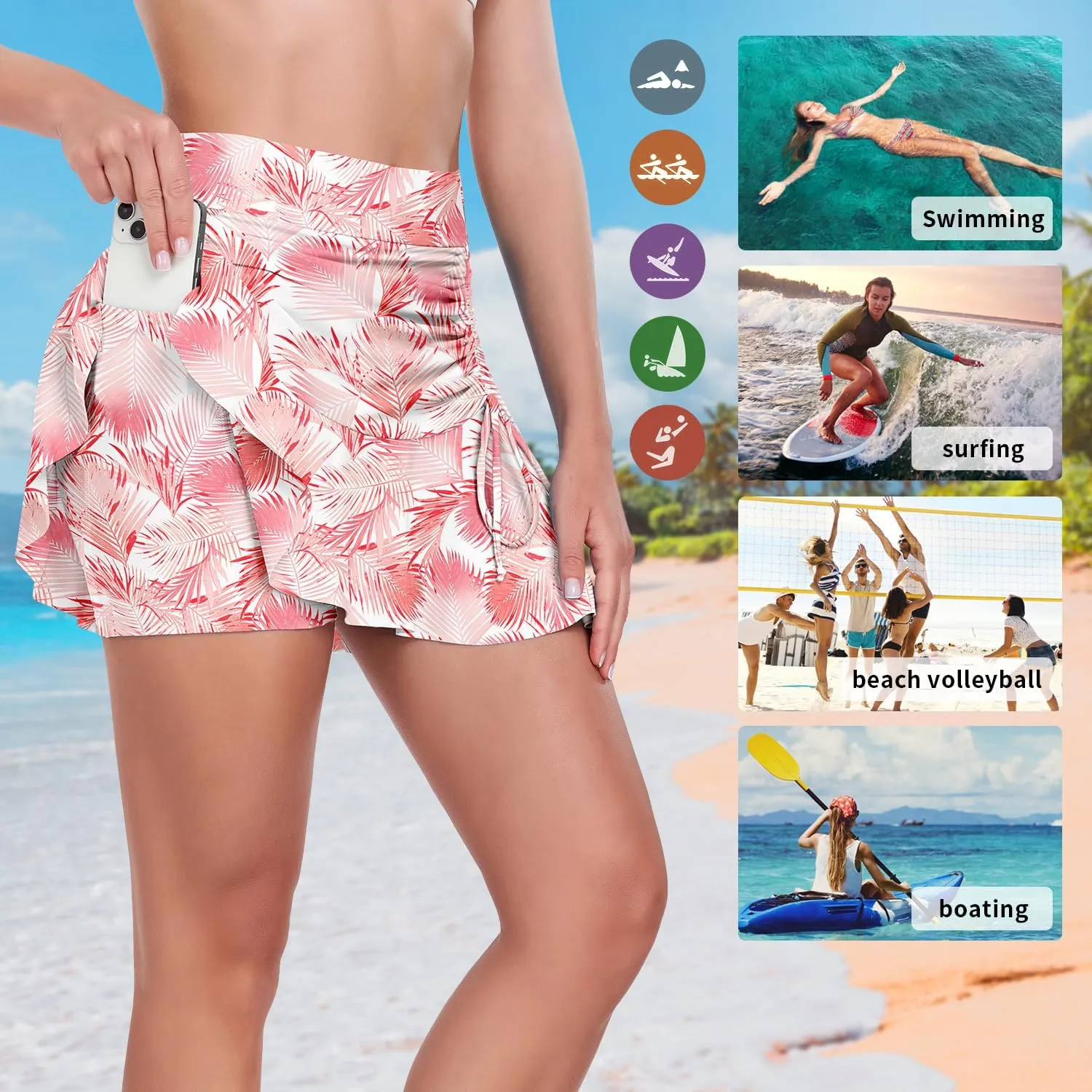 WOWENY Womens High Waisted Swim Skirts with Built-in Shorts Ruffle Adjustable Drawstring Bathing Suit Botttom Swim Skort