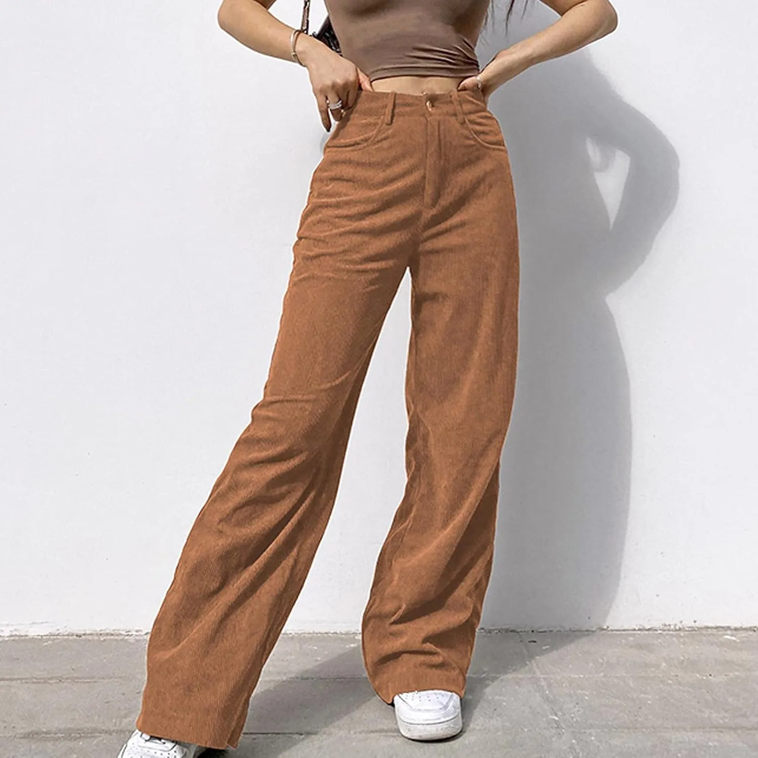 WUAI Womens Corduroy Harem Pants High Waist Straight Leg Casual Baggy Tapered Pants Joggers Sweatpants Streetwear