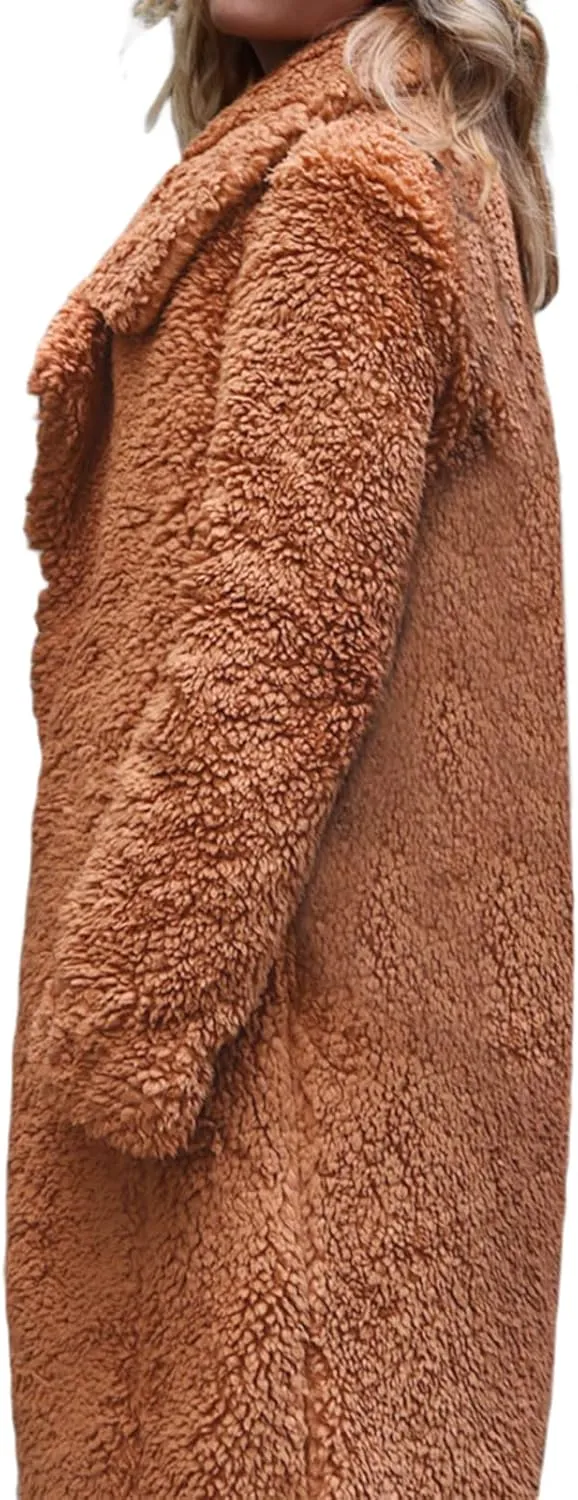 XBTCLXEBCO Fuzzy Fleece Long Trench Coats for Women Lapel Long Sleeve Open Front Cardigan Jacket Fall Winter Warm Outerwear