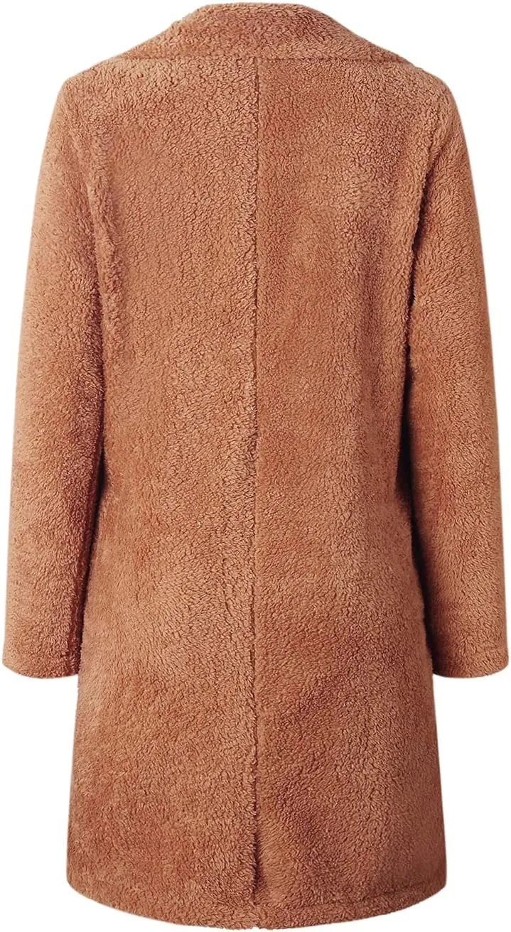 XBTCLXEBCO Fuzzy Fleece Long Trench Coats for Women Lapel Long Sleeve Open Front Cardigan Jacket Fall Winter Warm Outerwear