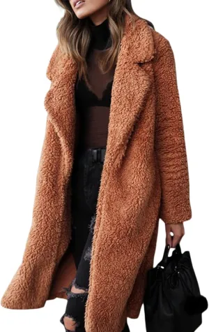 XBTCLXEBCO Fuzzy Fleece Long Trench Coats for Women Lapel Long Sleeve Open Front Cardigan Jacket Fall Winter Warm Outerwear