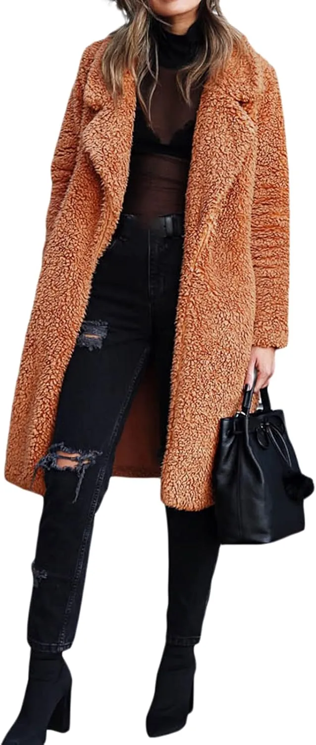 XBTCLXEBCO Fuzzy Fleece Long Trench Coats for Women Lapel Long Sleeve Open Front Cardigan Jacket Fall Winter Warm Outerwear