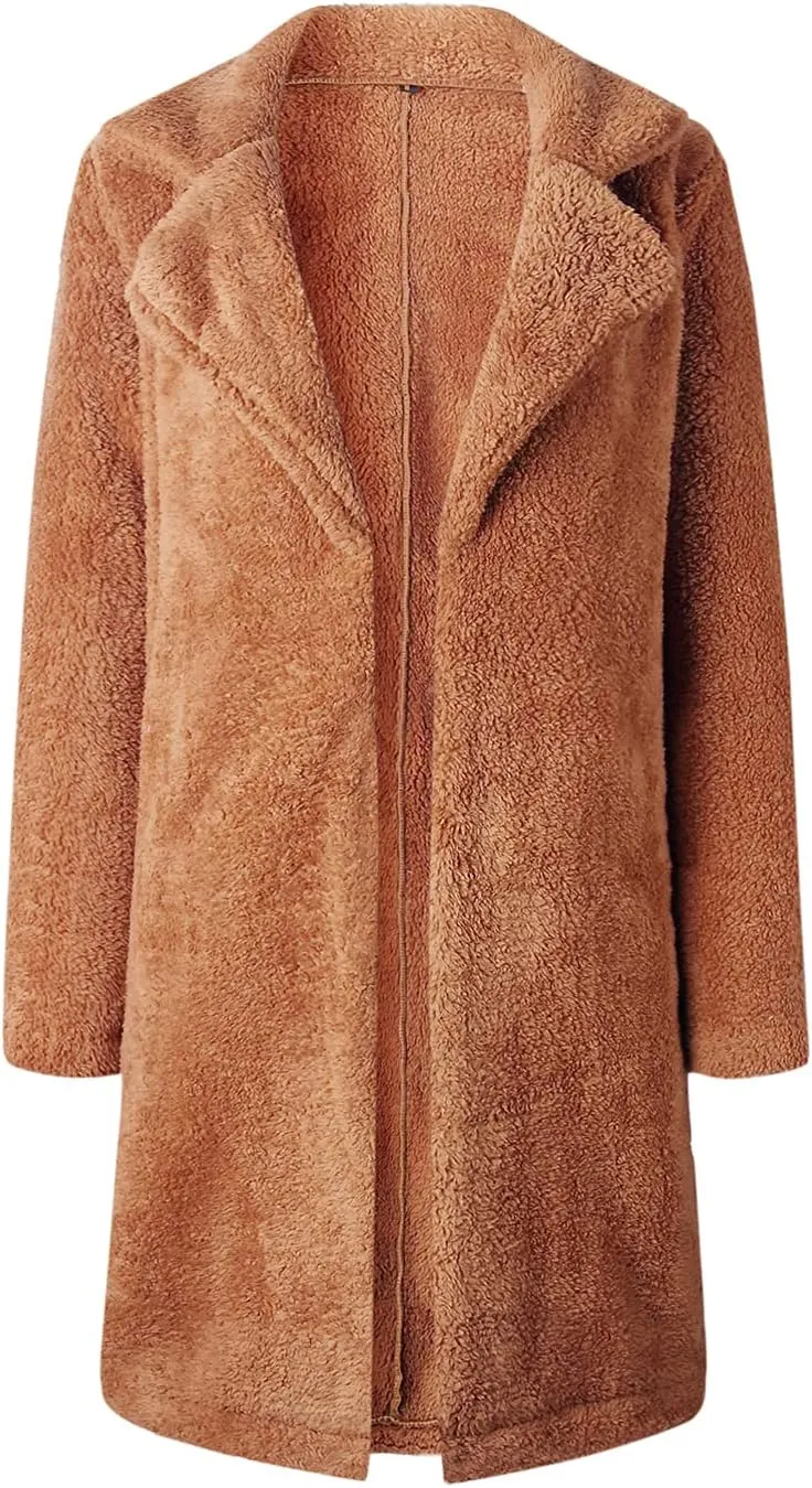 XBTCLXEBCO Fuzzy Fleece Long Trench Coats for Women Lapel Long Sleeve Open Front Cardigan Jacket Fall Winter Warm Outerwear