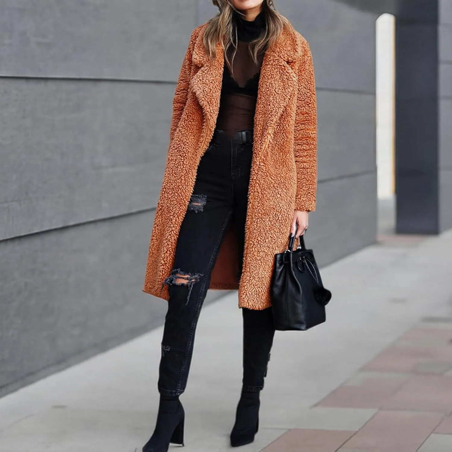 XBTCLXEBCO Fuzzy Fleece Long Trench Coats for Women Lapel Long Sleeve Open Front Cardigan Jacket Fall Winter Warm Outerwear