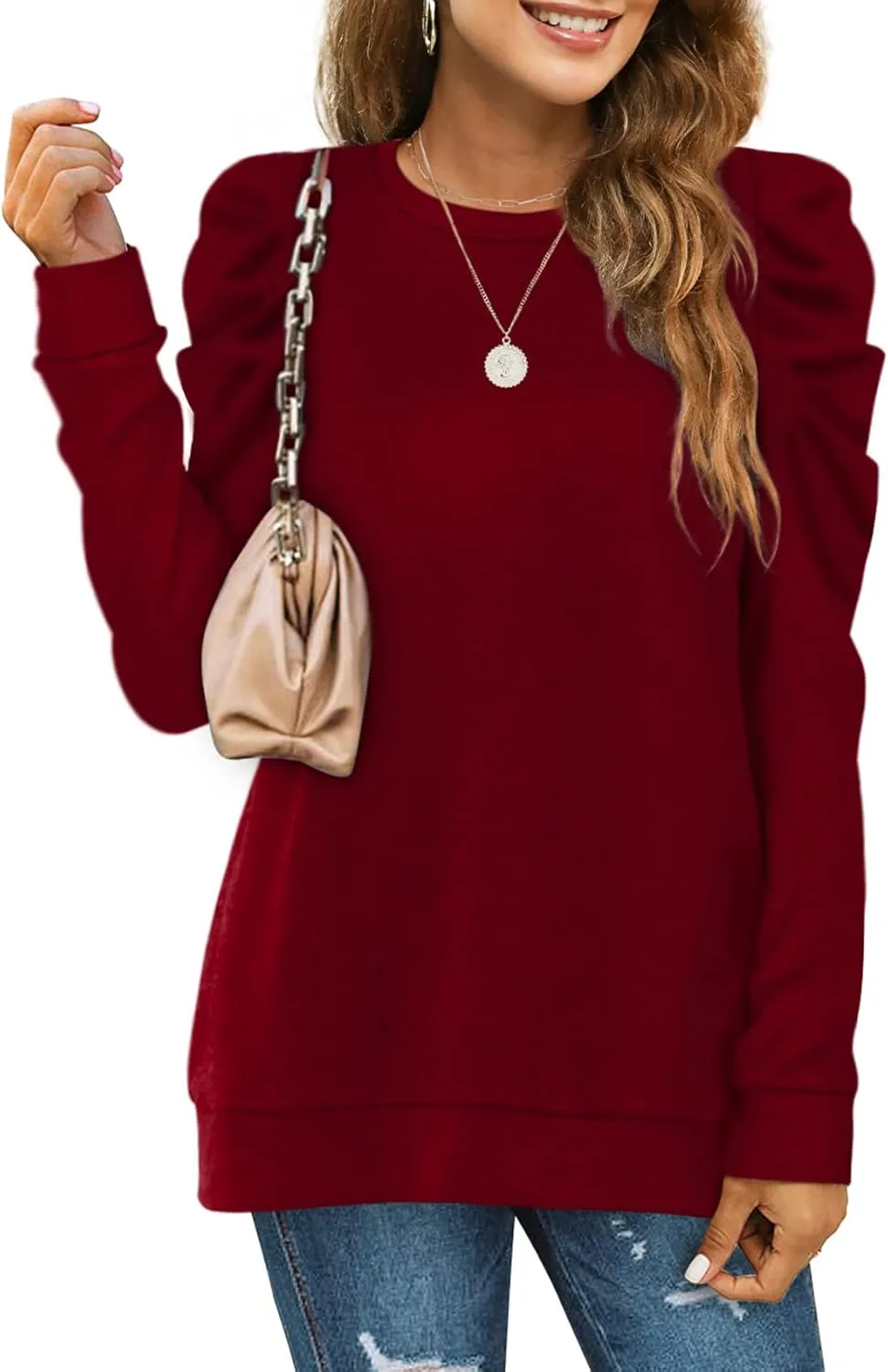 XIEERDUO Women's Crewneck Sweatshirts Trendy Puff Sleeve Tunic Sweaters Fall Clothes Loose Fit