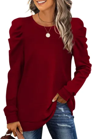 XIEERDUO Women's Crewneck Sweatshirts Trendy Puff Sleeve Tunic Sweaters Fall Clothes Loose Fit