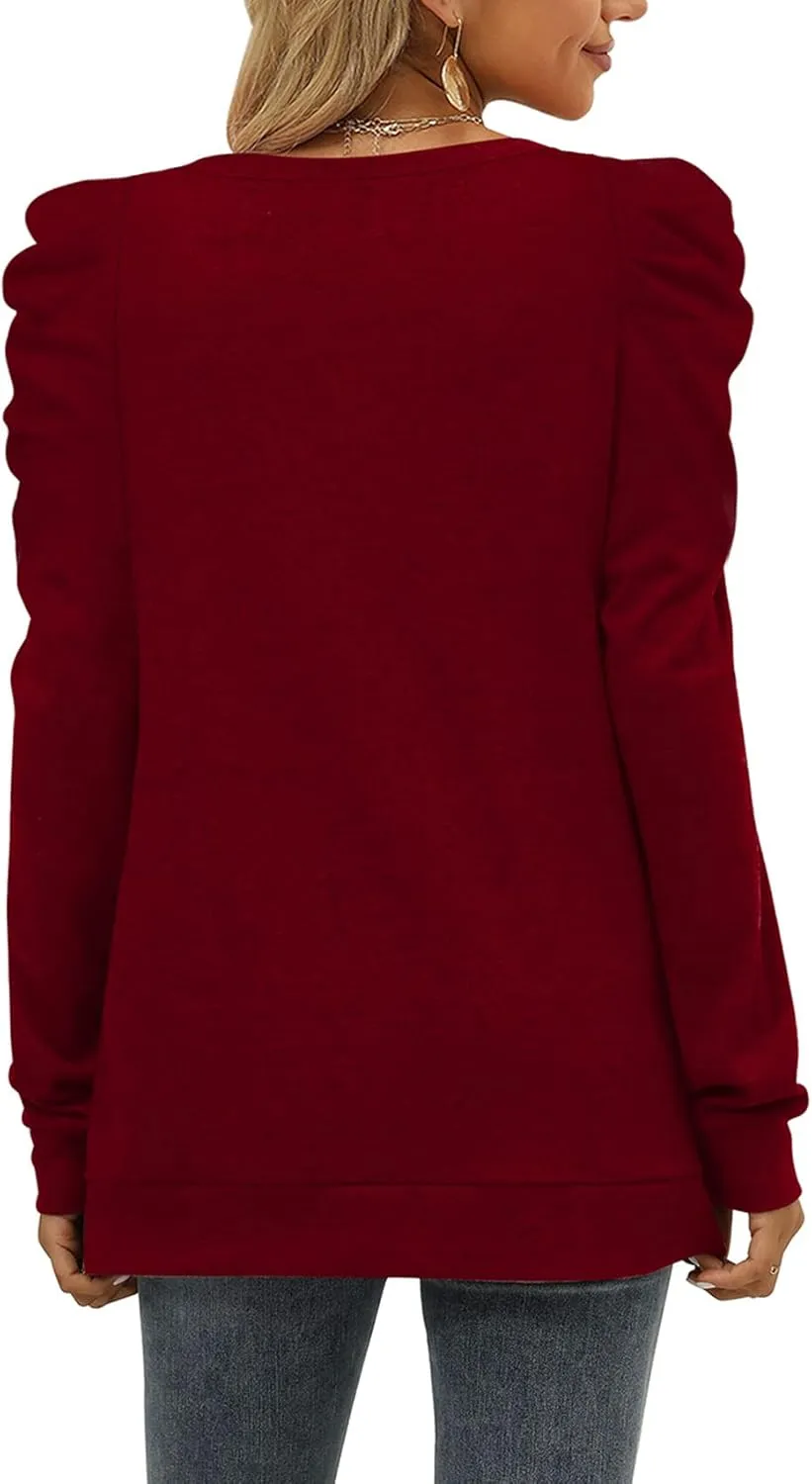 XIEERDUO Women's Crewneck Sweatshirts Trendy Puff Sleeve Tunic Sweaters Fall Clothes Loose Fit