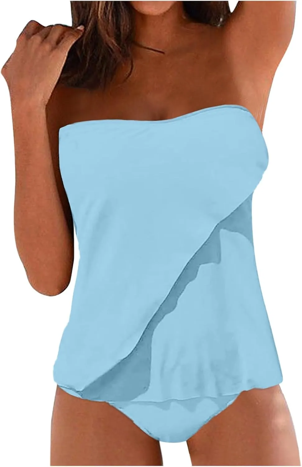 XRCQCAD Two Piece Tankini for Women Bandeau Top with Bottom Flowy Tummy Control Swimsuit Spaghetti Strap Bathing Suits