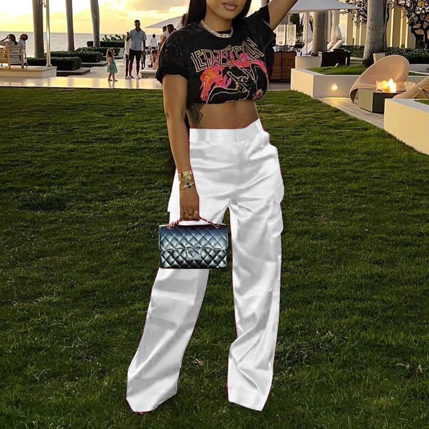 XZLUFNY Satin Cargo Pants for Women High Waist Multiple Pockets Wide Leg Trouser