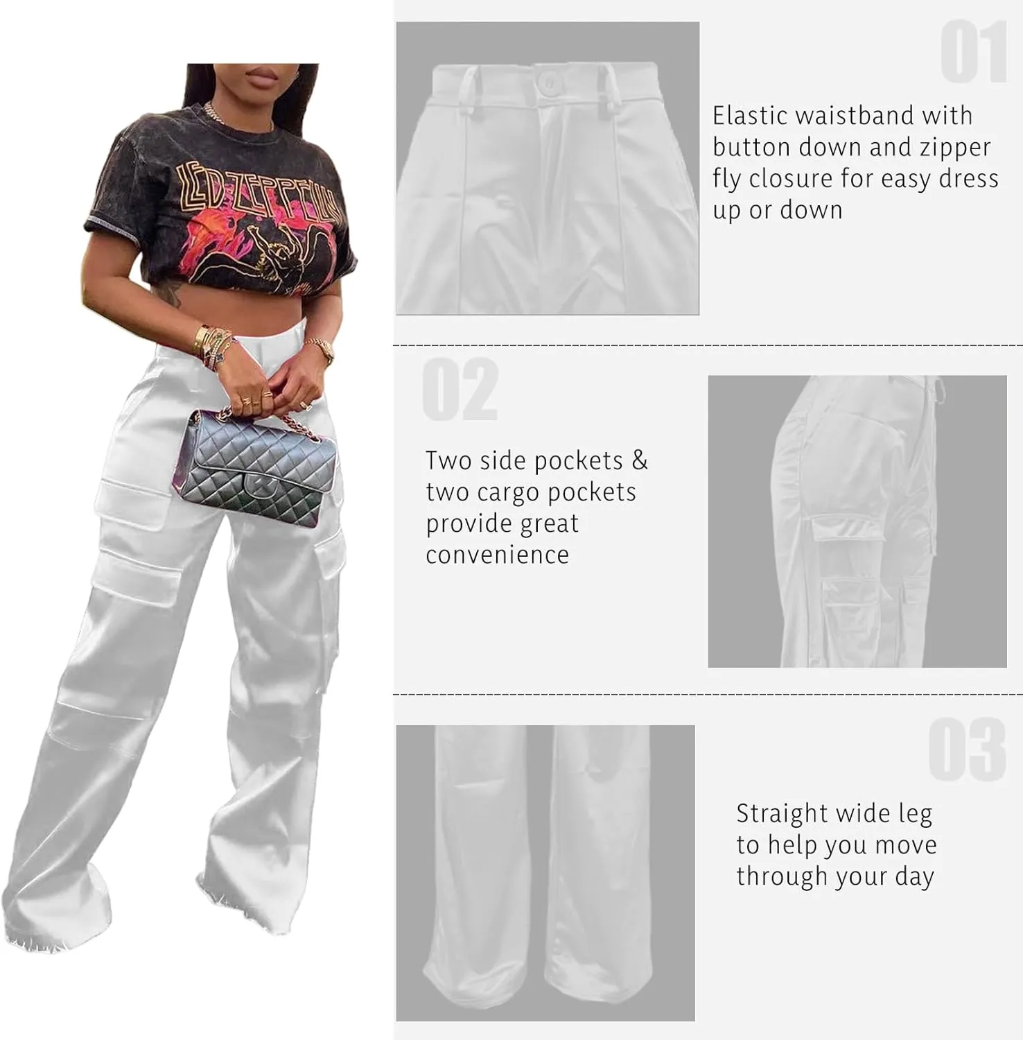 XZLUFNY Satin Cargo Pants for Women High Waist Multiple Pockets Wide Leg Trouser
