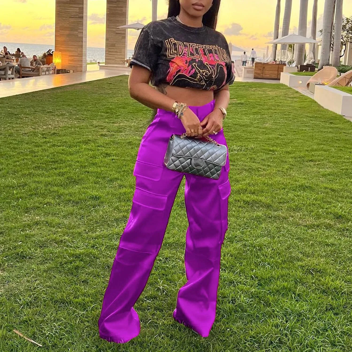 XZLUFNY Satin Cargo Pants for Women High Waist Multiple Pockets Wide Leg Trouser