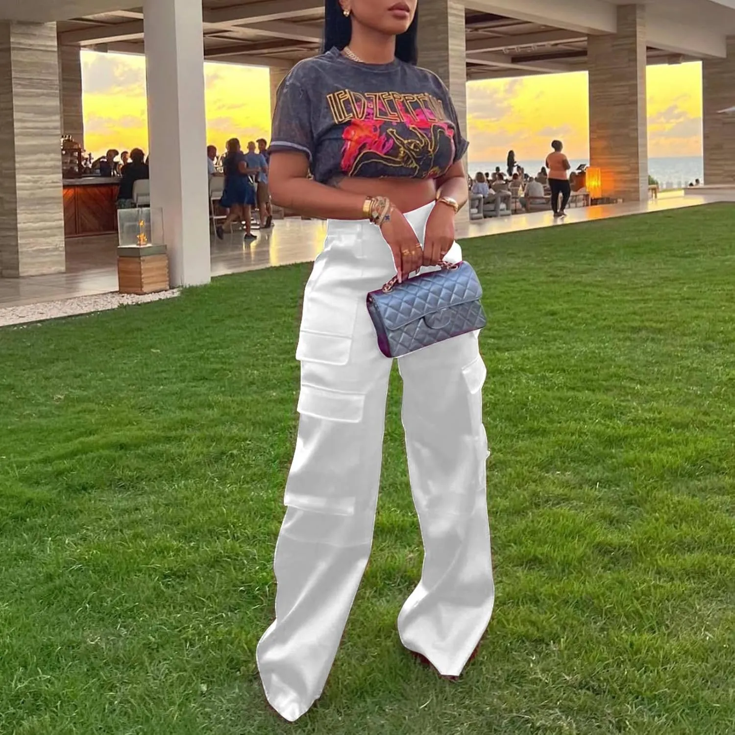 XZLUFNY Satin Cargo Pants for Women High Waist Multiple Pockets Wide Leg Trouser