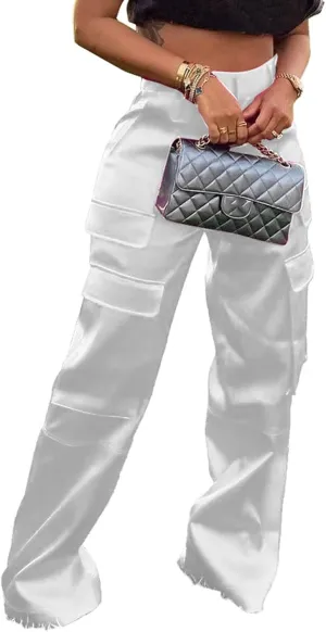 XZLUFNY Satin Cargo Pants for Women High Waist Multiple Pockets Wide Leg Trouser