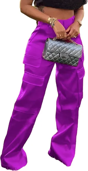 XZLUFNY Satin Cargo Pants for Women High Waist Multiple Pockets Wide Leg Trouser