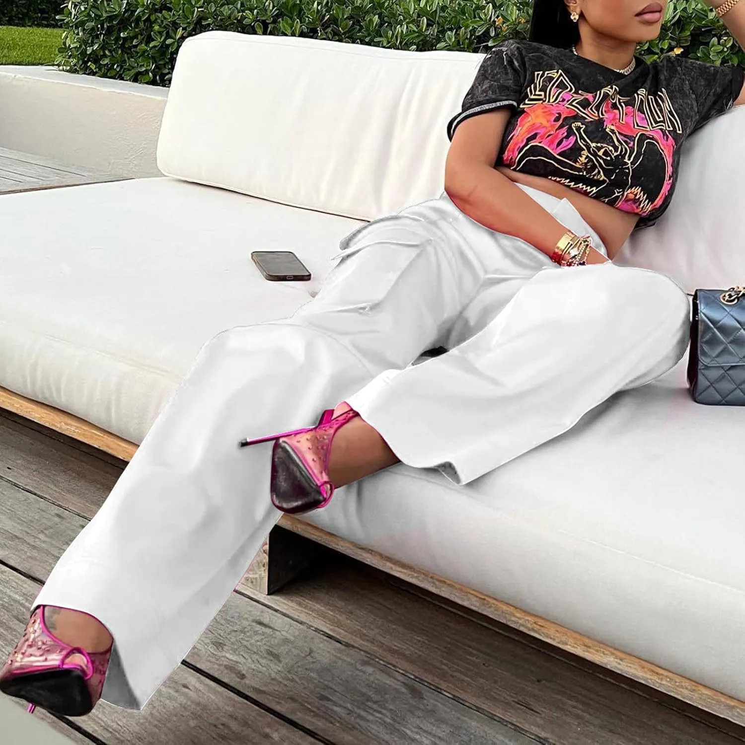 XZLUFNY Satin Cargo Pants for Women High Waist Multiple Pockets Wide Leg Trouser