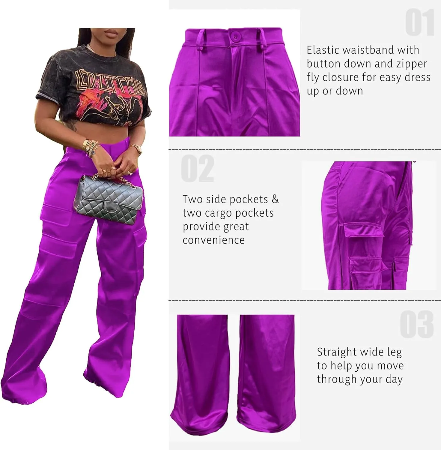 XZLUFNY Satin Cargo Pants for Women High Waist Multiple Pockets Wide Leg Trouser