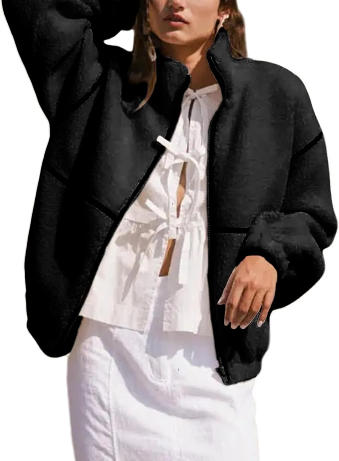 Yeokou Womens Sherpa Fleece Jackets Stand Collar Zip Up Fall Winter Casual 2025 Fuzzy Coats with Pockets