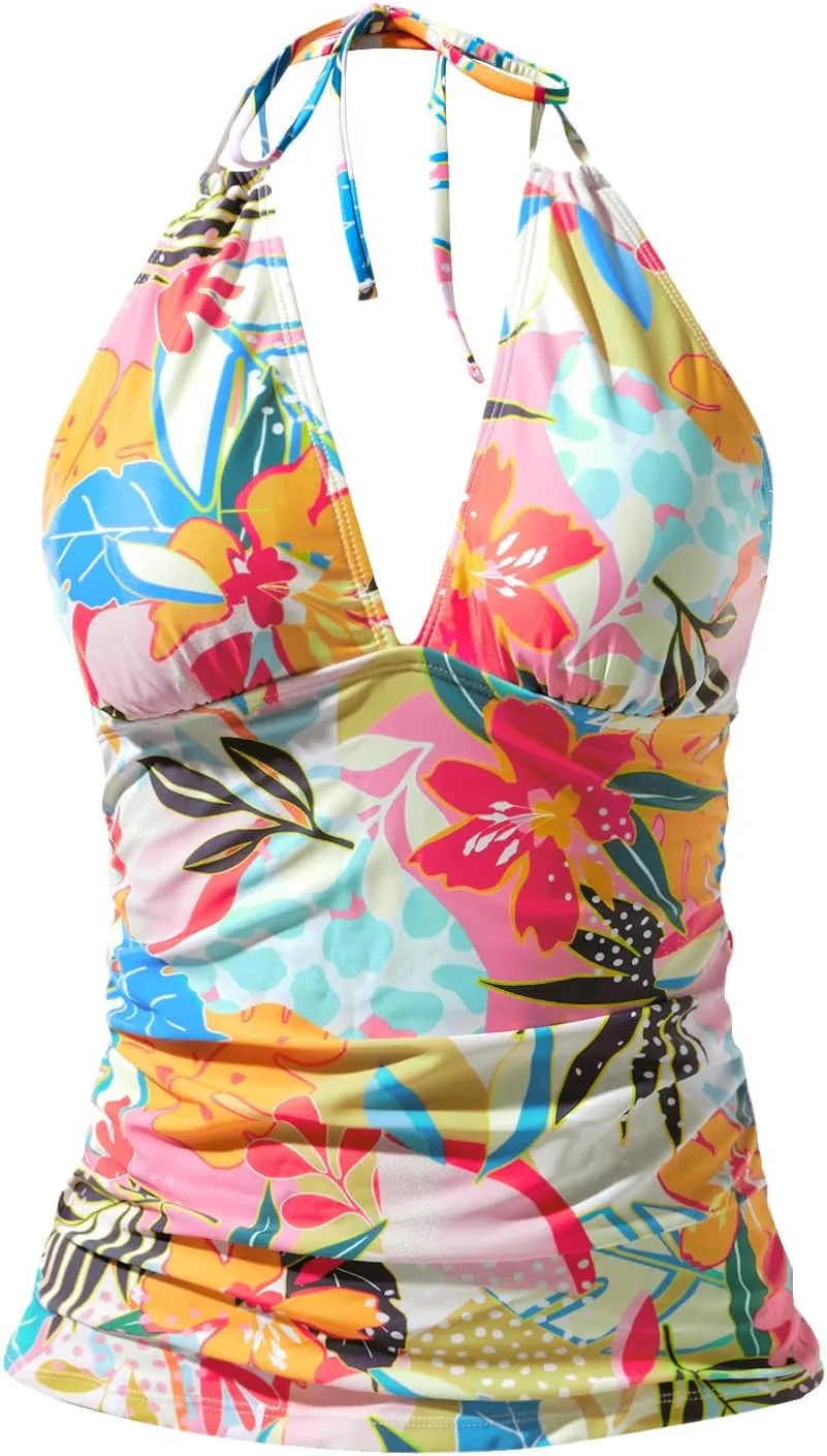 Yonique Women's Halter Tankini Top No Bottom V Neck Swim Top Tummy Control Bathing Suit Top