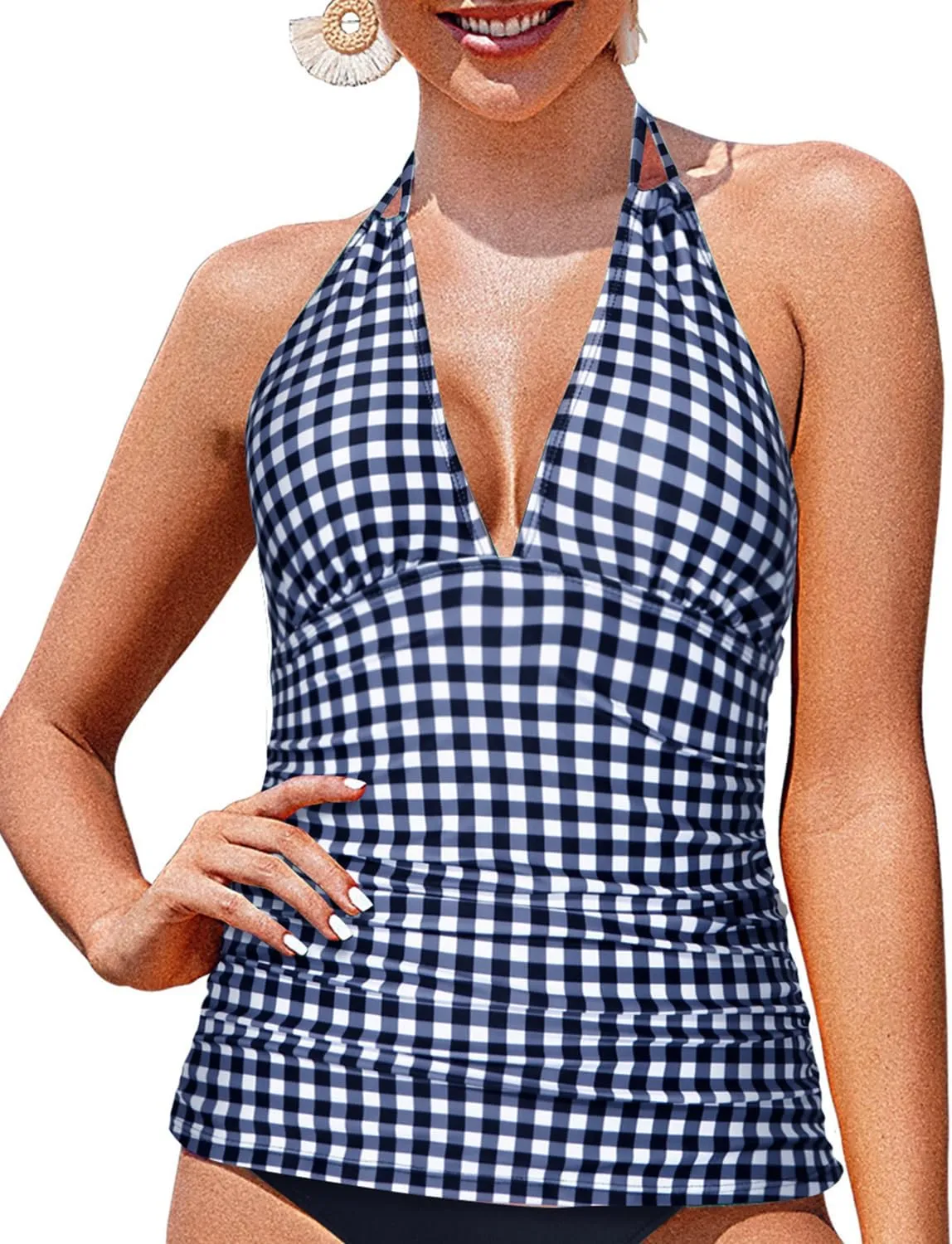 Yonique Women's Halter Tankini Top No Bottom V Neck Swim Top Tummy Control Bathing Suit Top