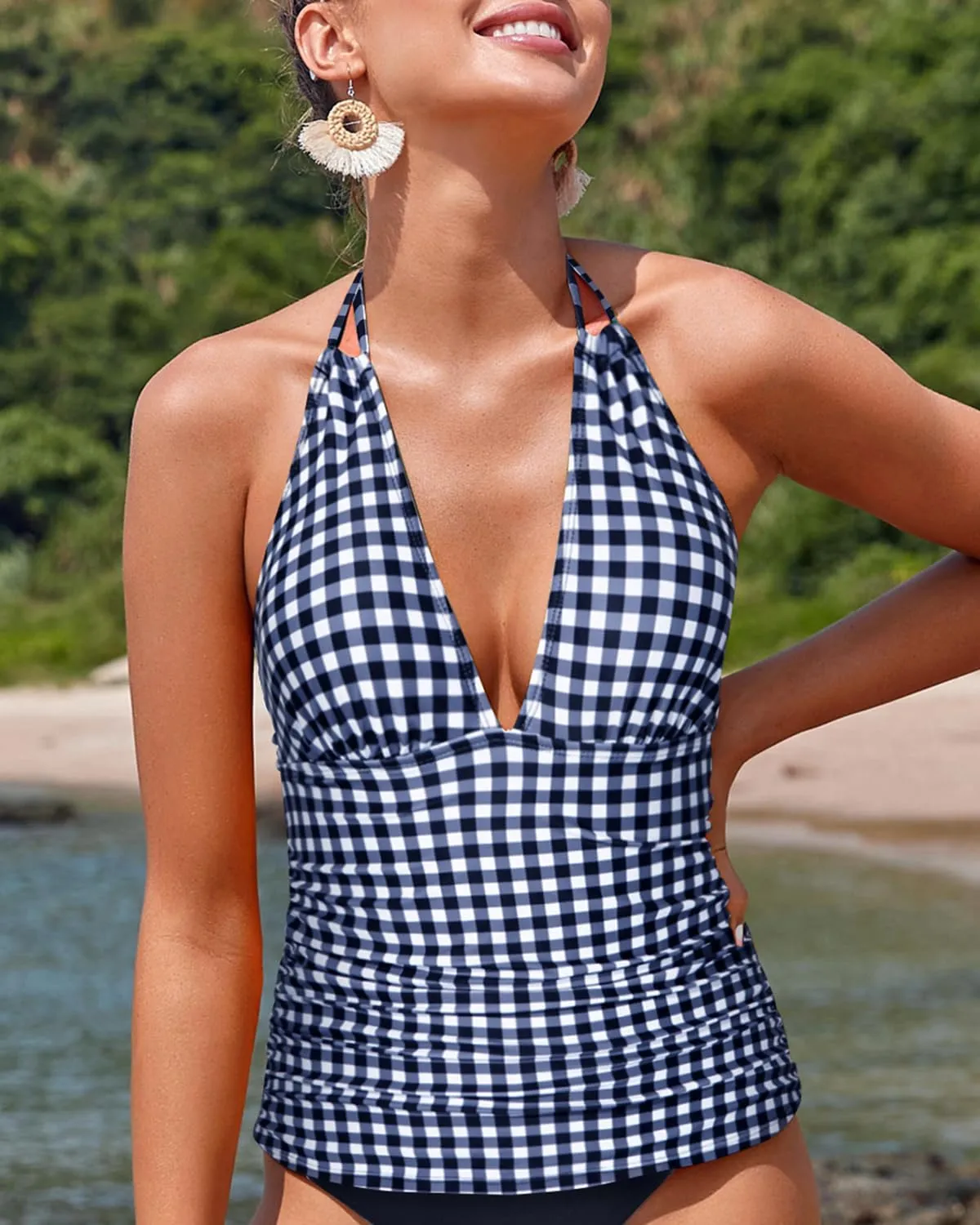 Yonique Women's Halter Tankini Top No Bottom V Neck Swim Top Tummy Control Bathing Suit Top