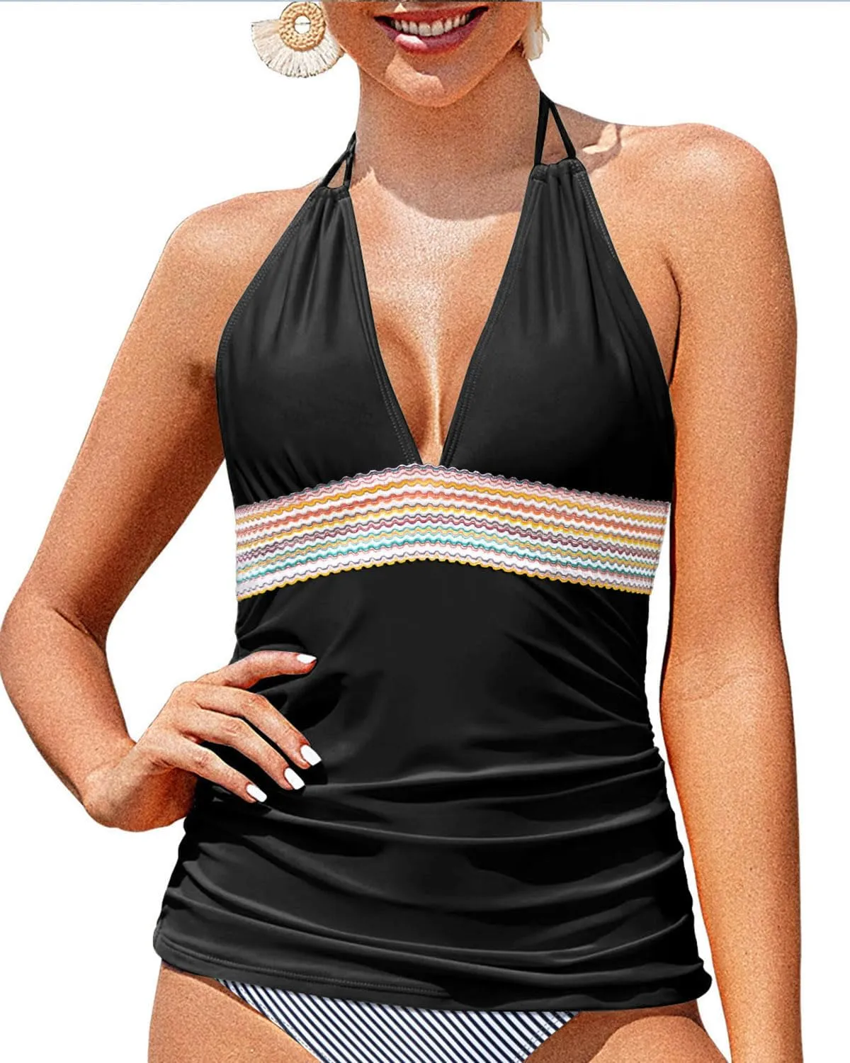 Yonique Women's Halter Tankini Top No Bottom V Neck Swim Top Tummy Control Bathing Suit Top