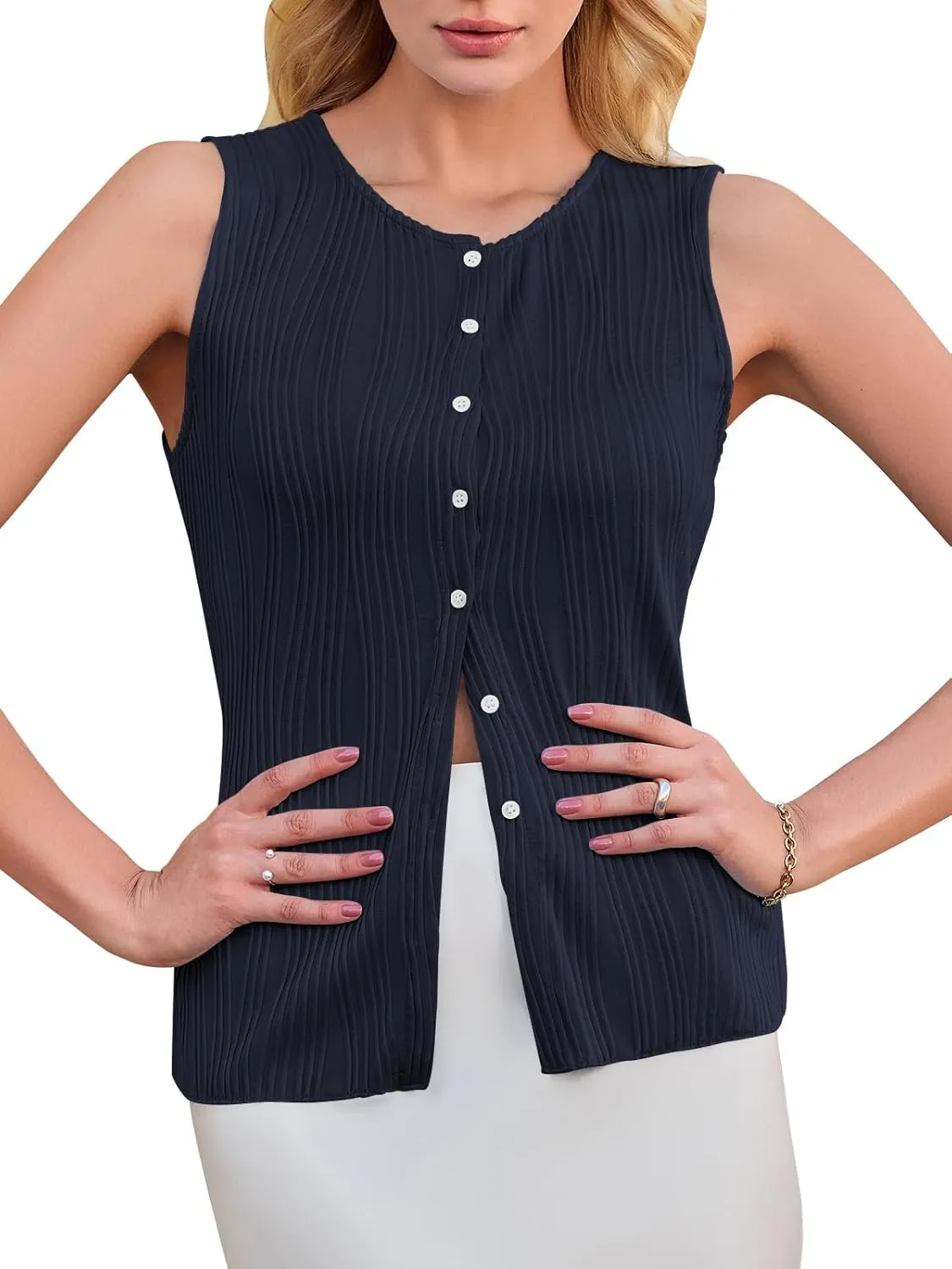 Yousify Womens Sleeveless Button Down Tank Tops Casual Crewneck Slim Fit Y2K Textured Vest Top