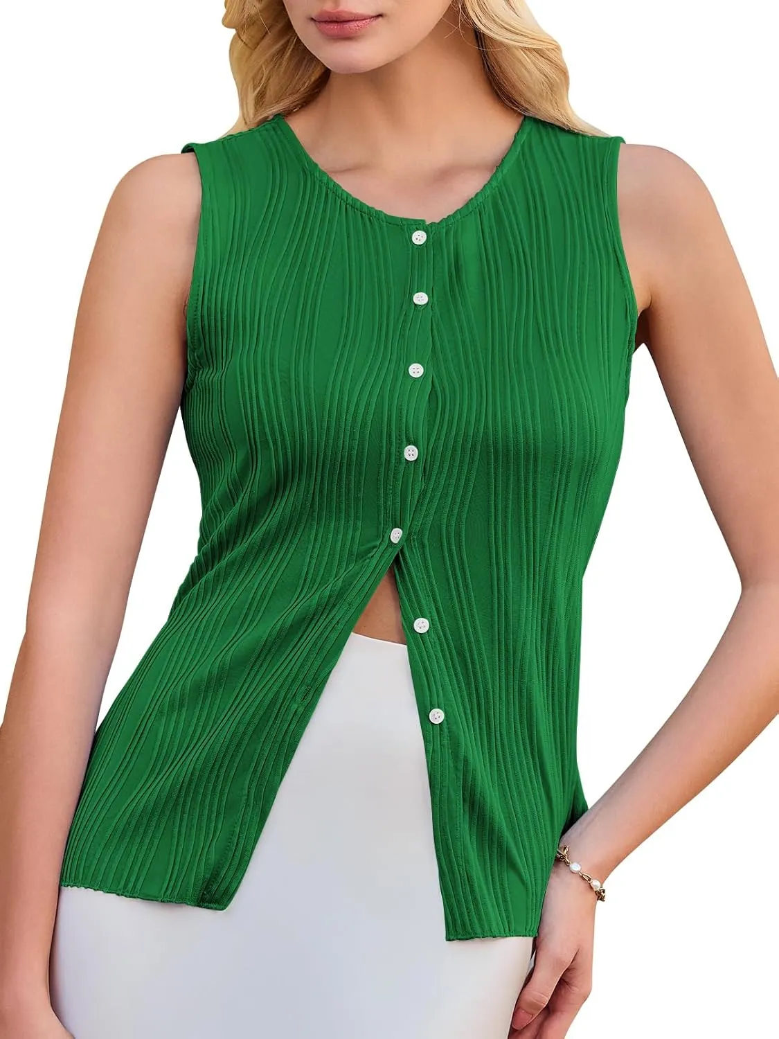 Yousify Womens Sleeveless Button Down Tank Tops Casual Crewneck Slim Fit Y2K Textured Vest Top